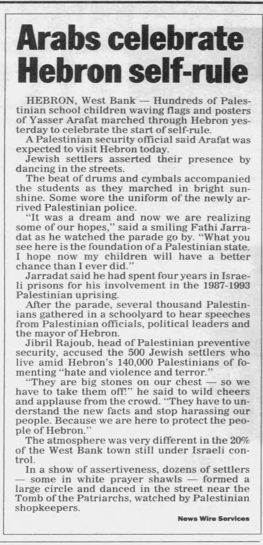Arabs celebrate Hebron self-rule &mdash; Daily News, 19 January 1997
