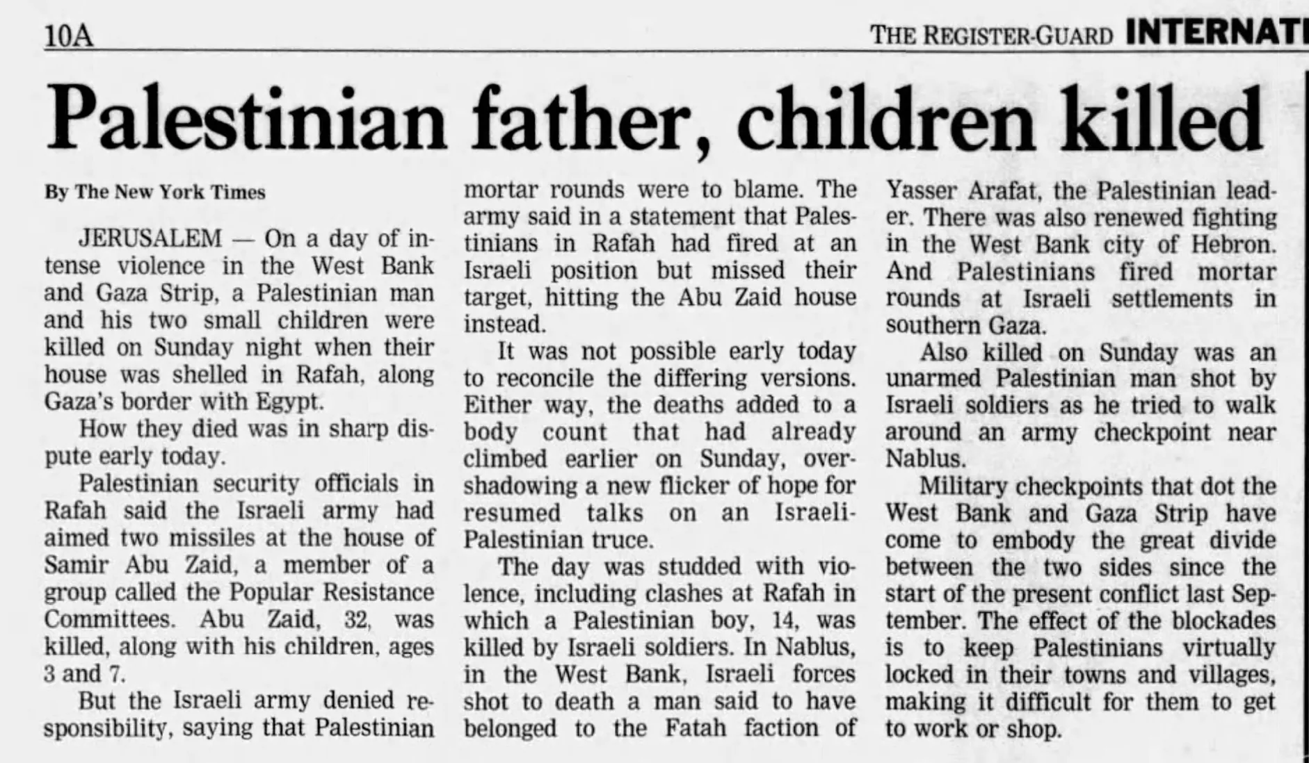 Palestinian father, children killed — The Register-Guard, 20 August 2001