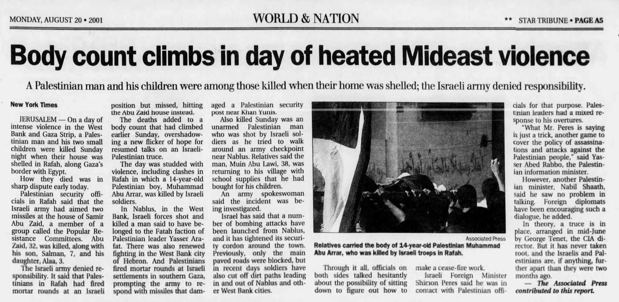 Body count climbs in day of heated Mideast violence — Star Tribune, 20 August 2001