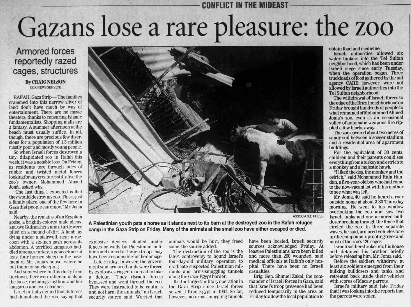 Gazans lose a rare pleasure: the zoo — Santa Barbara News-Press, 22 May 2004