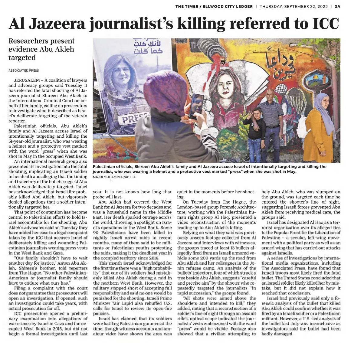 Al Jazeera journalist’s killing referred to ICC — The Times, 22 September 2022
