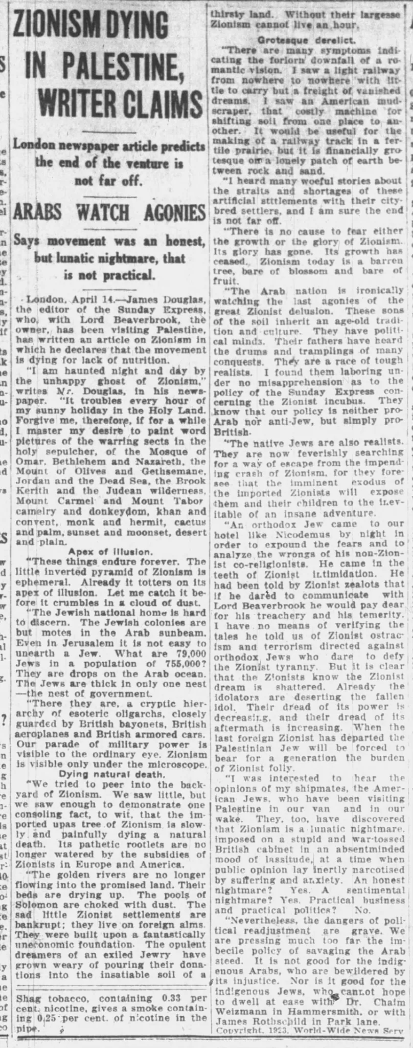ZIONISM DYING IN PALESTINE, WRITER CLAIMS &mdash; Buffalo Courier Express, 15 April 1923