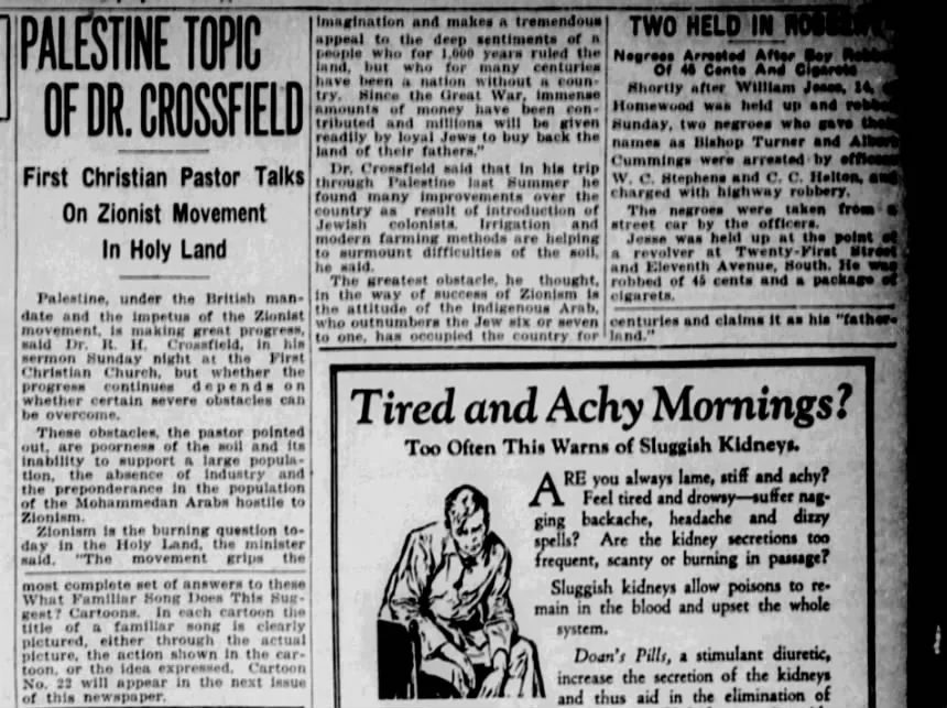 PALESTINE TOPIC OF DR. CROSSFIELD &mdash; The Birmingham News, 26 November 1928