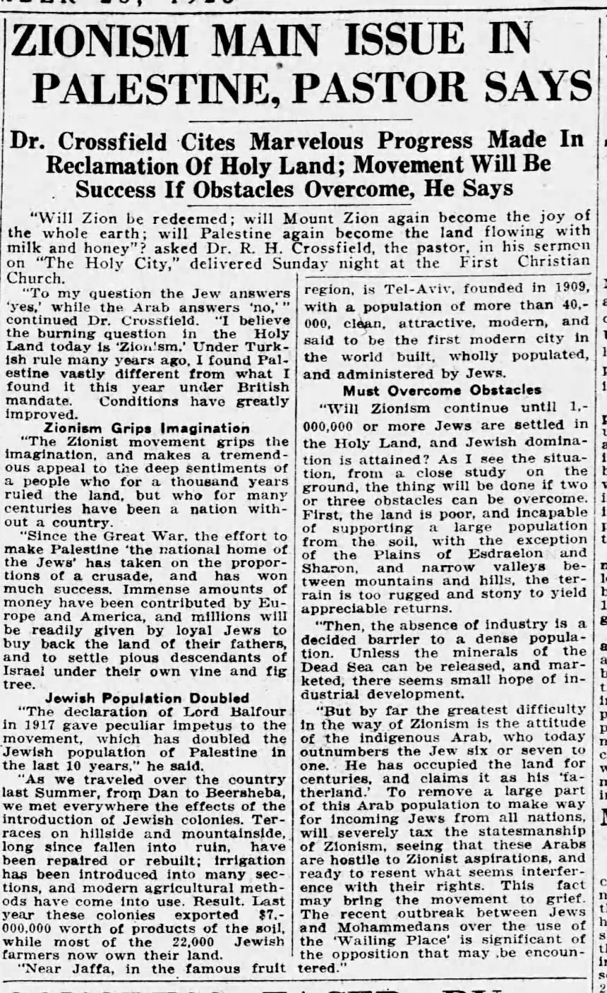 ZIONISM MAIN ISSUE IN PALESTINE, PASTOR SAYS &mdash; Birmingham Post Herald, 26 November 1928