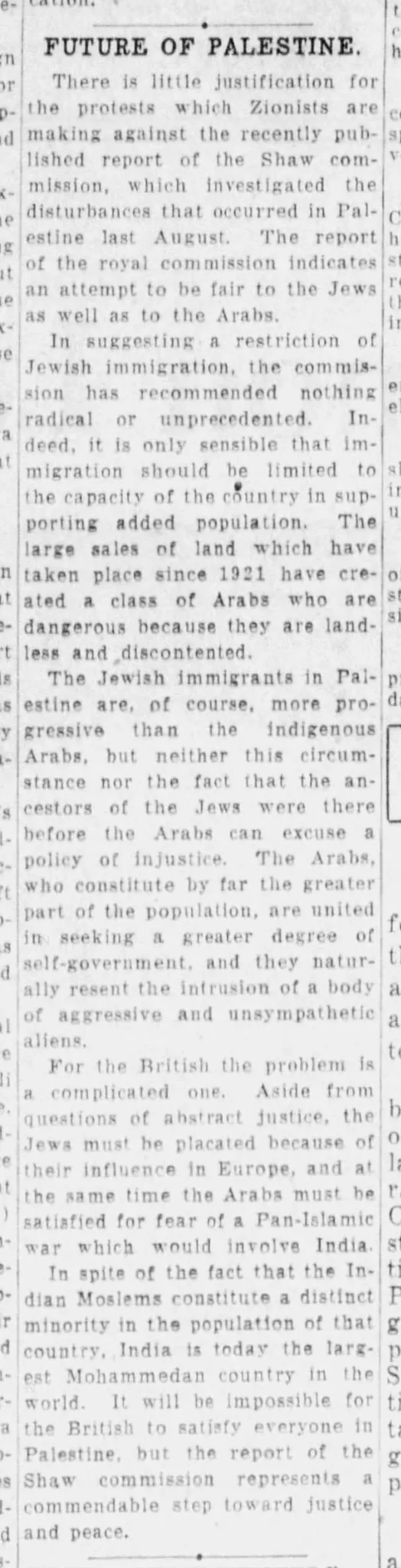 FUTURE OF PALESTINE. &mdash; The Des Moines Register, 7 June 1930