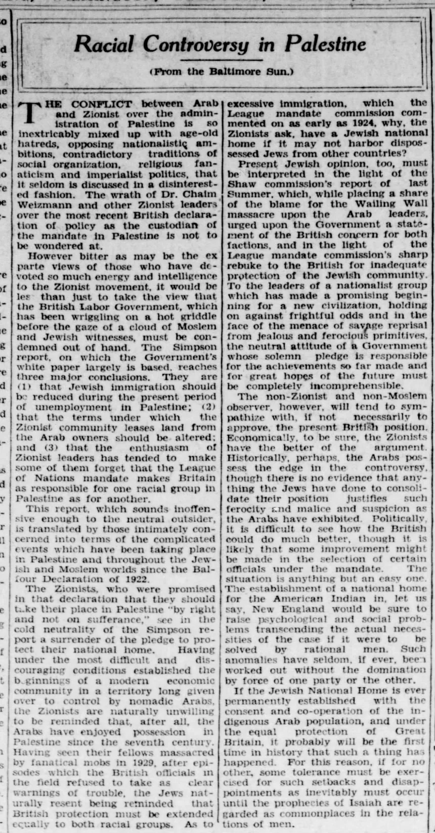 Racial Controversy in Palestine &mdash; The News Journal, 27 October 1930