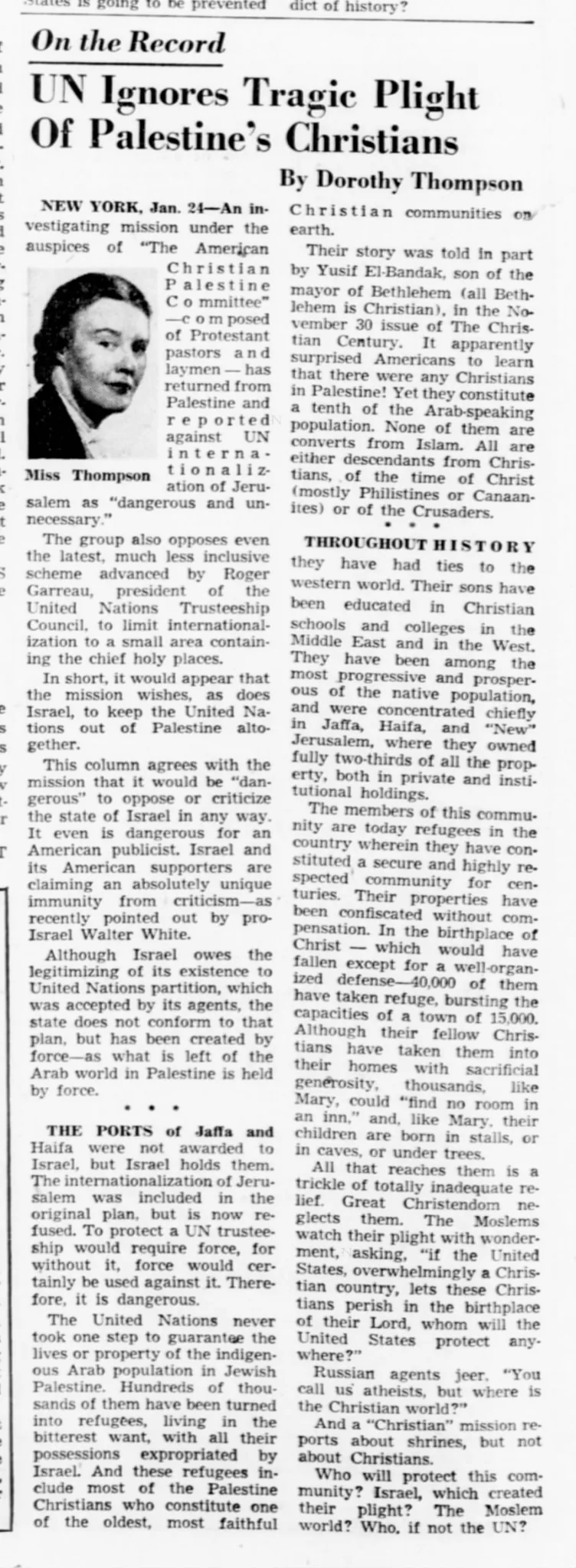 UN Ignores Tragic Plight Of Palestine’s Christians &mdash; Pittsburgh Post-Gazette, 25 January 1950