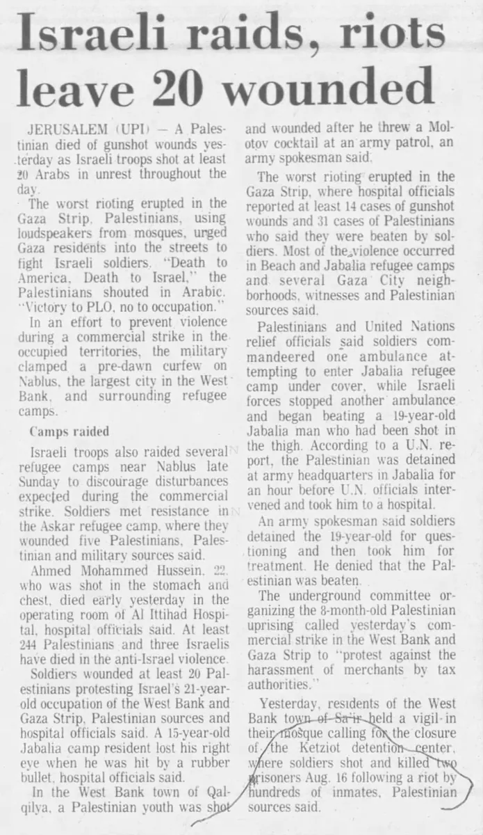 Israeli raids, riots leave 20 wounded — The Berkshire Eagle, 23 August 1988