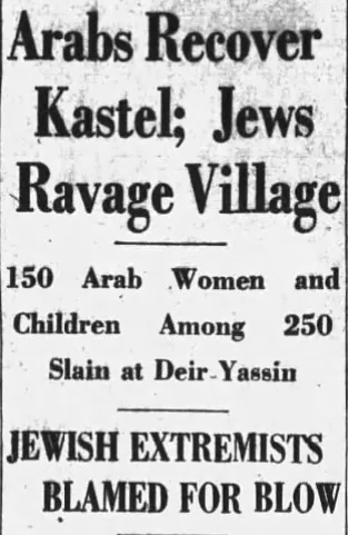 Arabs Recover Kastel; Jews Ravage Village — The Times Leader, 12 April 1948