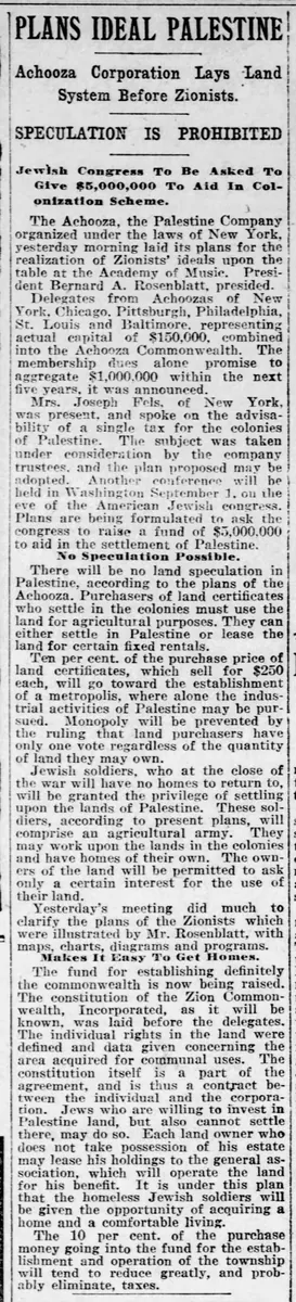 PLANS IDEAL PALESTINE — The Baltimore Sun, 27 June 1917