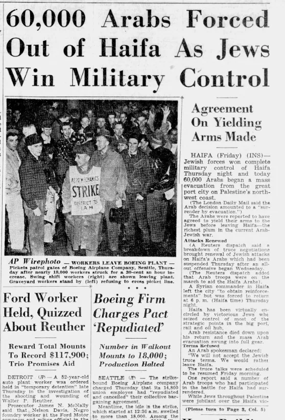 60,000 Arabs Forced Out of Haifa As Jews Win Military Control — The Idaho Statesman, 23 April 1948
