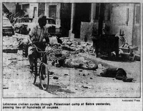 Lebanese civilian cycles through Palestinian camp at Sabra, passing two of hundreds of corpses — The Morning Call, 19 September 1982