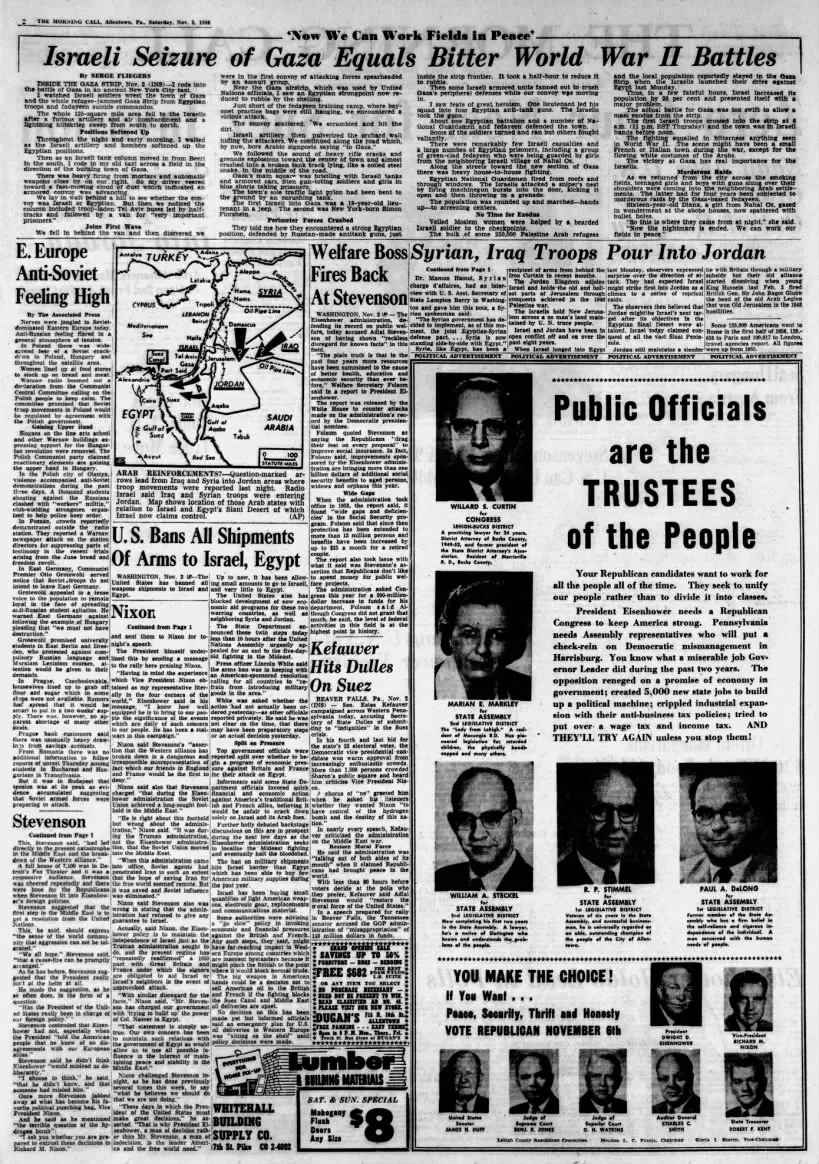 Israeli Seizure of Gaza Equals Bitter World War II Battles — The Morning Call, 3 November 1956