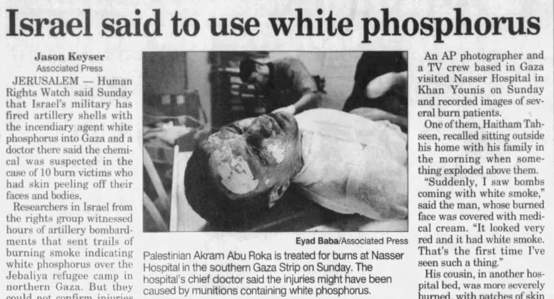Israel said to use white phosphorus — Pensacola News Journal, 12 January 2009