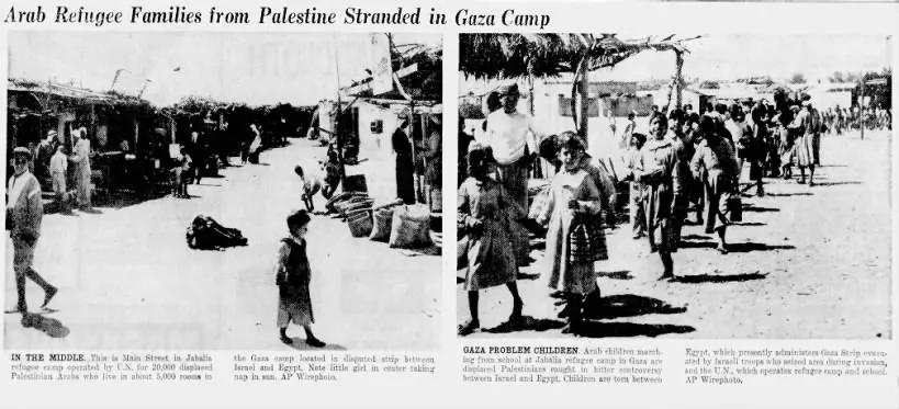 Arab Refugee Families from Palestine Stranded in Gaza Camp — Syracuse Herald Journal, 7 April 1957