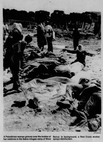 A Palestinian woman grieves over the bodies of her relatives in the Sabra refugee camp of West Beirut. In background, a Red Cross worker sprays disinfectant. &mdash; The Sacramento Bee, 21 September 1982