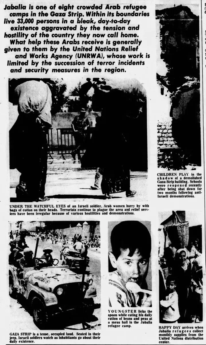 Jabalia is one of eight crowded Arab refugee camps in the Gaza Strip — The Lompoc Record, 2 December 1969