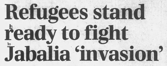 Refugees stand ready to fight Jabalia 'invasion' &mdash; The Daily Telegraph, 13 May 1992