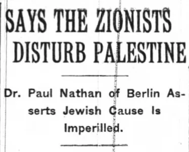 SAYS THE ZIONISTS DISTURB PALESTINE — The New York Times, 18 January 1914