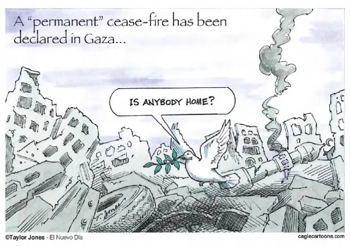 Editorial cartoon: a dove with olive branch stands in total rubble asking 'IS ANYBODY HOME?' — Albuquerque Journal, 8 September 2014