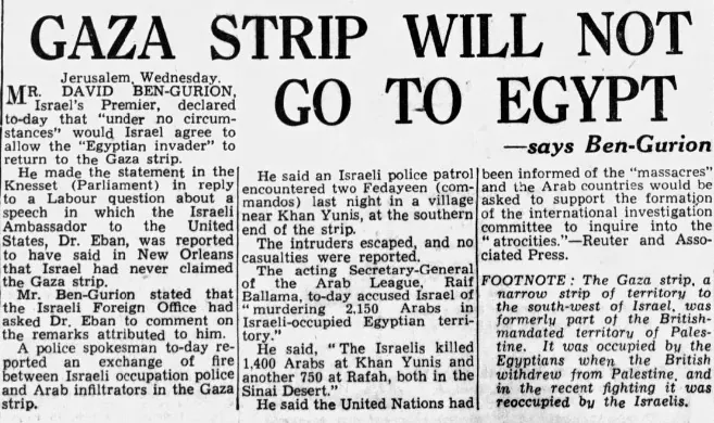 GAZA STRIP WILL NOT GO TO EGYPT - says Ben-Gurion — Bolton News, 19 December 1956