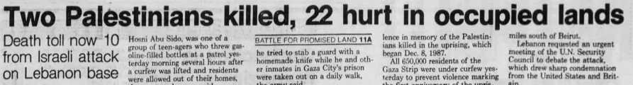Two Palestinians killed, 22 hurt in occupied lands — Democrat and Chronicle, 11 December 1988