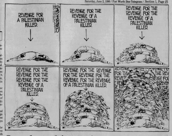 Six-panel editorial cartoon: 'REVENGE FOR A PALESTINIAN KILLED' / 'REVENGE FOR THE REVENGE OF A PALESTINIAN KILLED' / ... each panel adding to a growing mound of bodies until the caption itself runs off the frame — Fort Worth Star Telegram, 2 June 1990