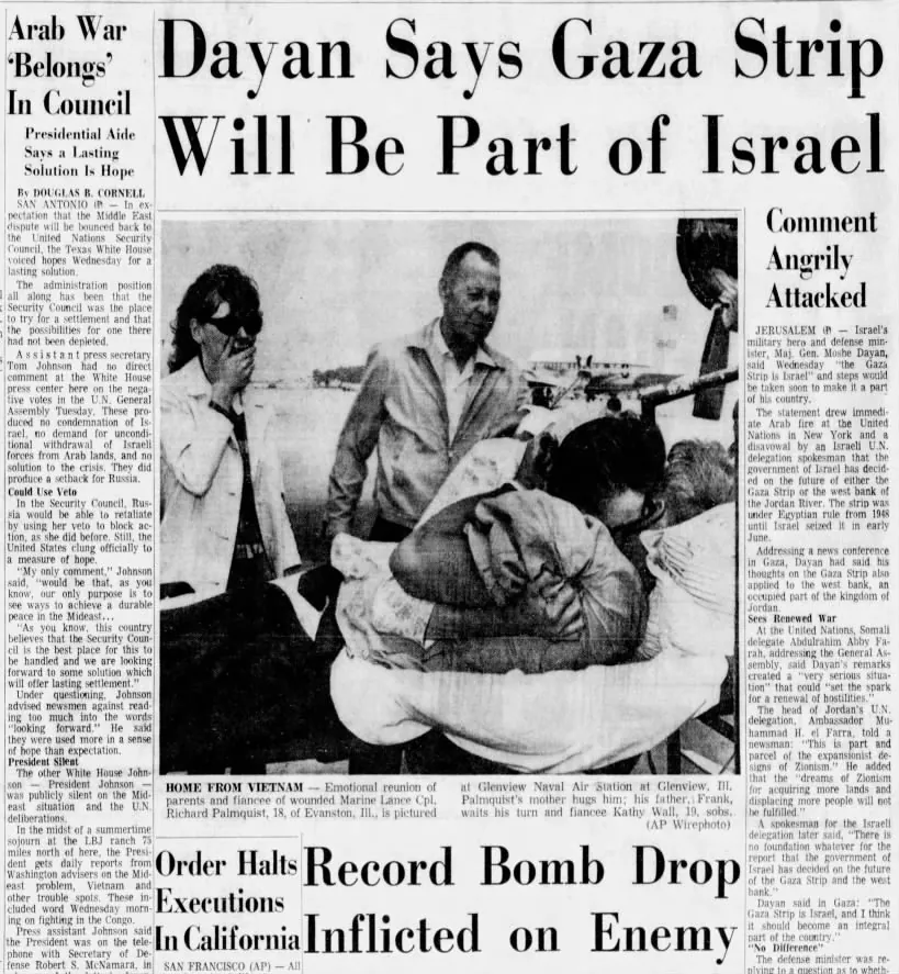 Dayan Says Gaza Strip Will Be Part of Israel — Corpus Christi Caller Times, 6 July 1967
