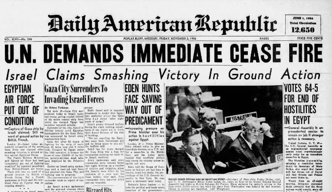 U.N. DEMANDS IMMEDIATE CEASE FIRE — Daily American Republic, 1956