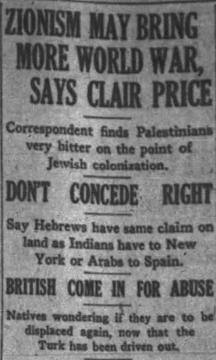 ZIONISM MAY BRING MORE WORLD WAR, SAYS CLAIR PRICE — Buffalo Courier Express, 13 July 1919