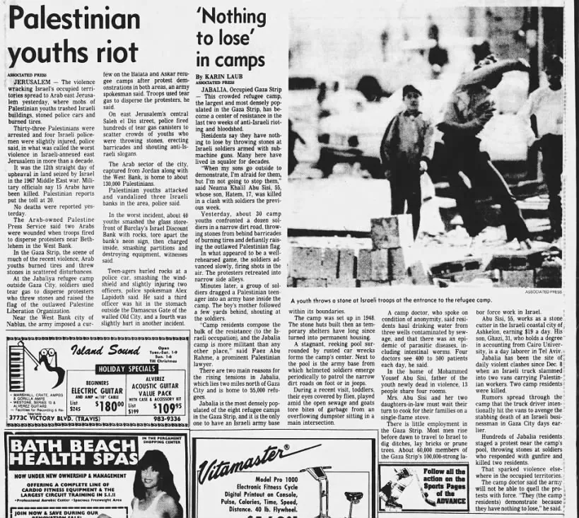 Palestinian youths riot / 'Nothing to lose' in camps — Staten Island Advance, 20 December 1987