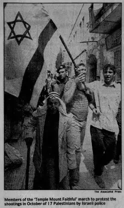 Members of the 'Temple Mount Faithful' march to protest the shootings in October of 17 Palestinians by Israeli police &mdash; Bennington Banner, 10 October 1991