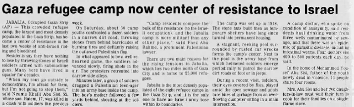 Gaza refugee camp now center of resistance to Israel &mdash; Peninsula Times Tribune, 20 December 1987