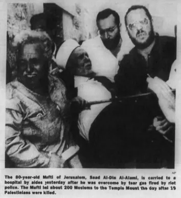 The 80-year-old Mufti of Jerusalem, Saad Al-Din Al-Alami, is carried to a hospital by aides after he was overcome by tear gas fired by riot police — Bennington Banner, 9 October 1990