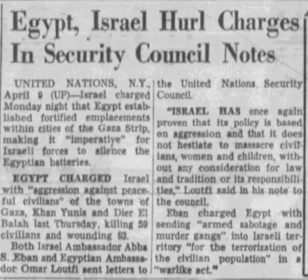 Egypt, Israel Hurl Charges In Security Council Notes — The Salt Lake Tribune, 10 April 1956