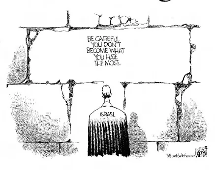Editorial cartoon: figure labeled ISRAEL at the Western Wall; graffiti reads 'BE CAREFUL YOU DON'T BECOME WHAT YOU HATE THE MOST.' &mdash; The Tennessean, 8 June 2010