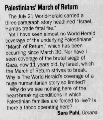 Palestinians' March of Return — Omaha World-Herald, 9 August 2018