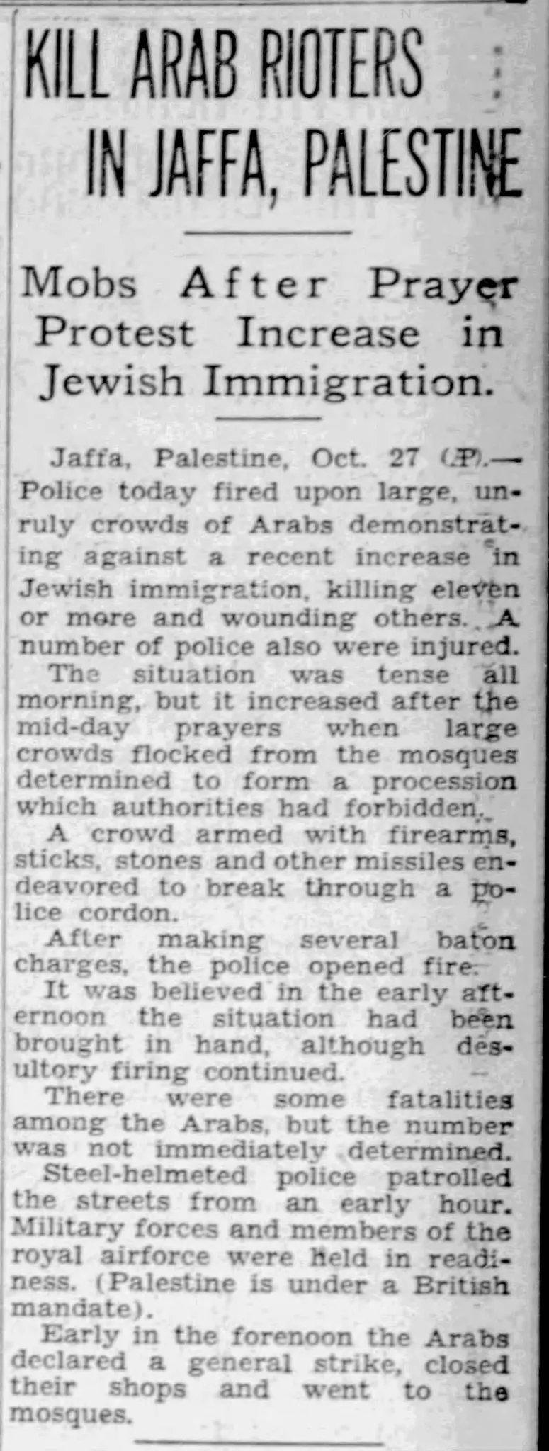 KILL ARAB RIOTERS IN JAFFA, PALESTINE &mdash; Omaha World-Herald, 28 October 1933