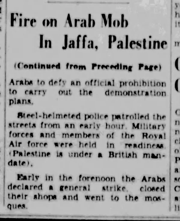 Fire on Arab Mob In Jaffa, Palestine &mdash; Rockford Register Star, 27 October 1933
