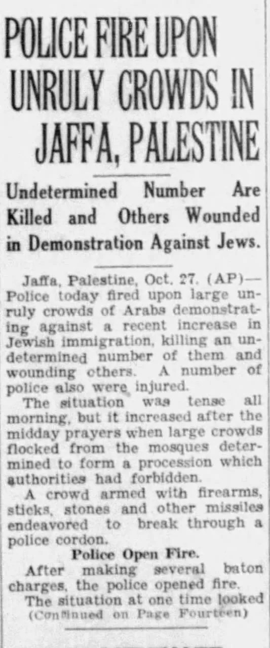 POLICE FIRE UPON UNRULY CROWDS IN JAFFA, PALESTINE &mdash; Stamford Advocate, 27 October 1933