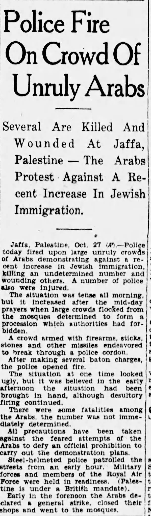 Police Fire On Crowd Of Unruly Arabs &mdash; The World News, 27 October 1933