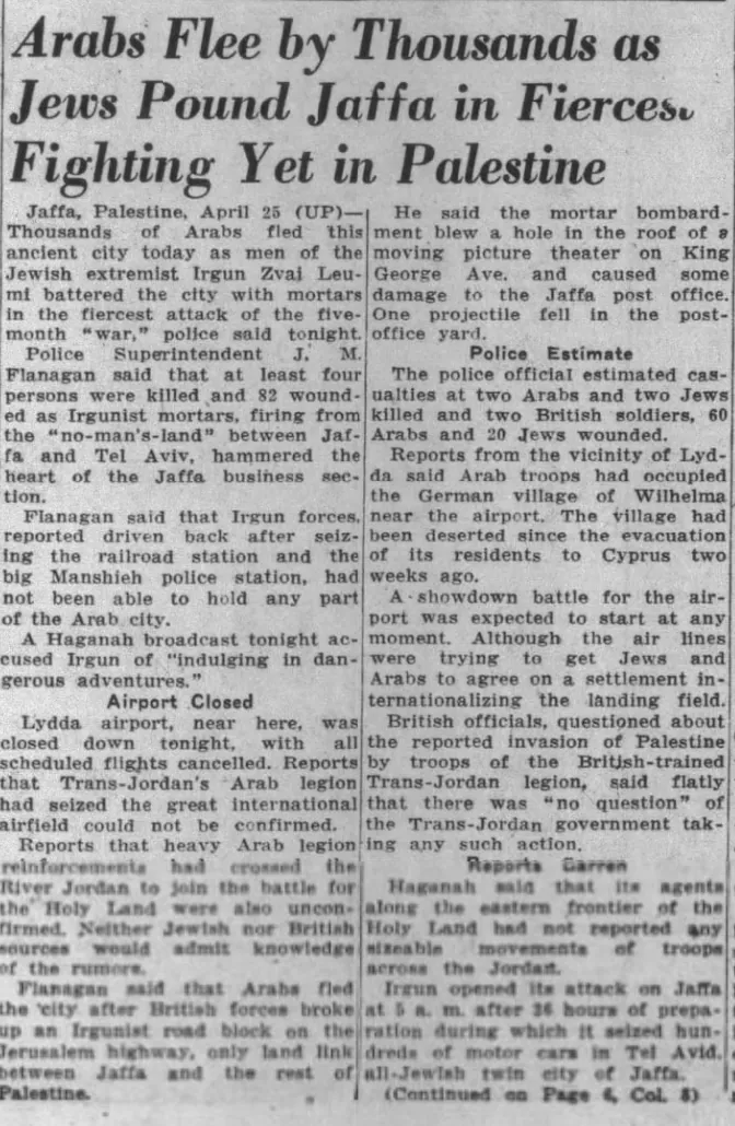 Arabs Flee by Thousands as Jews Pound Jaffa in Fiercest Fighting Yet in Palestine — Morning Advocate, 26 April 1948