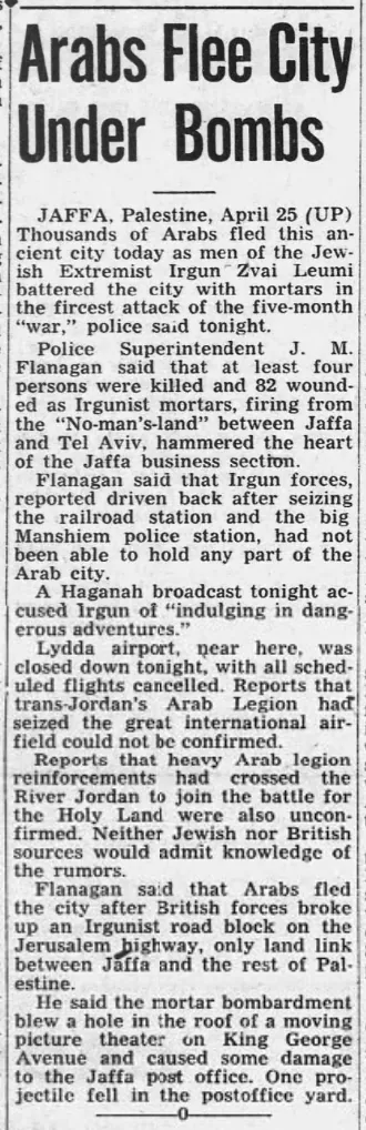 Arabs Flee City Under Bombs — Lodi News-Sentinel, 26 April 1948