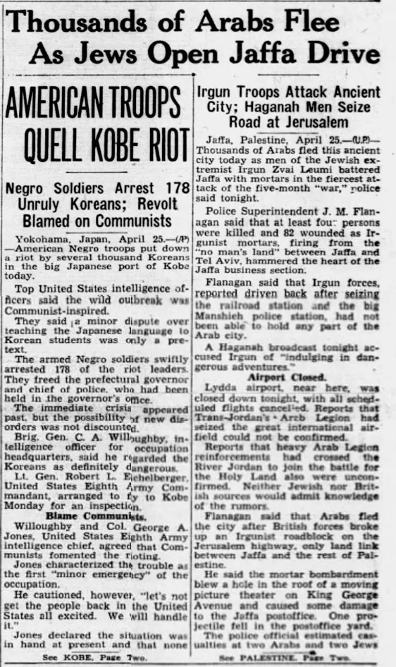 Thousands of Arabs Flee As Jews Open Jaffa Drive — The News & Observer, 26 April 1948