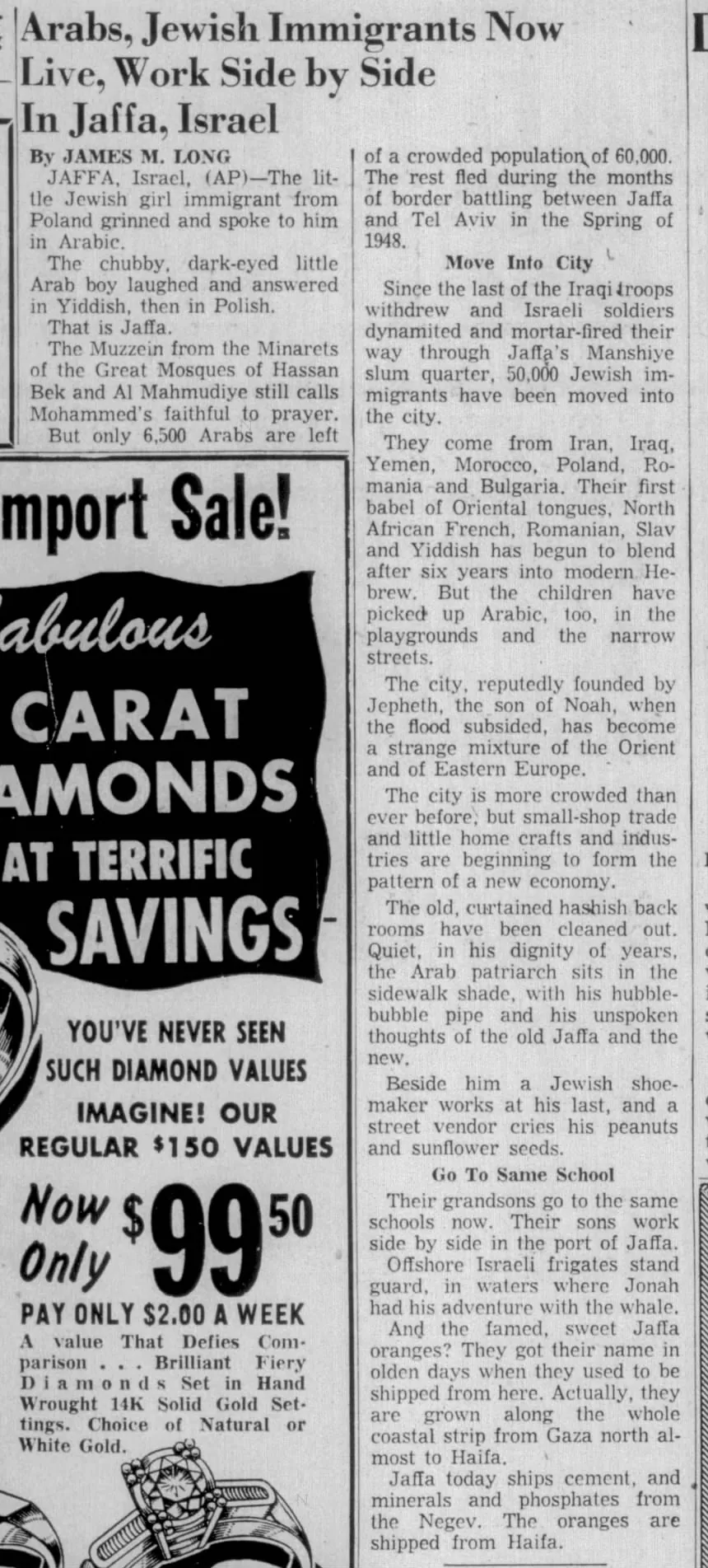 Arabs, Jewish Immigrants Now Live, Work Side by Side In Jaffa, Israel &mdash; The Herald News, 25 November 1955