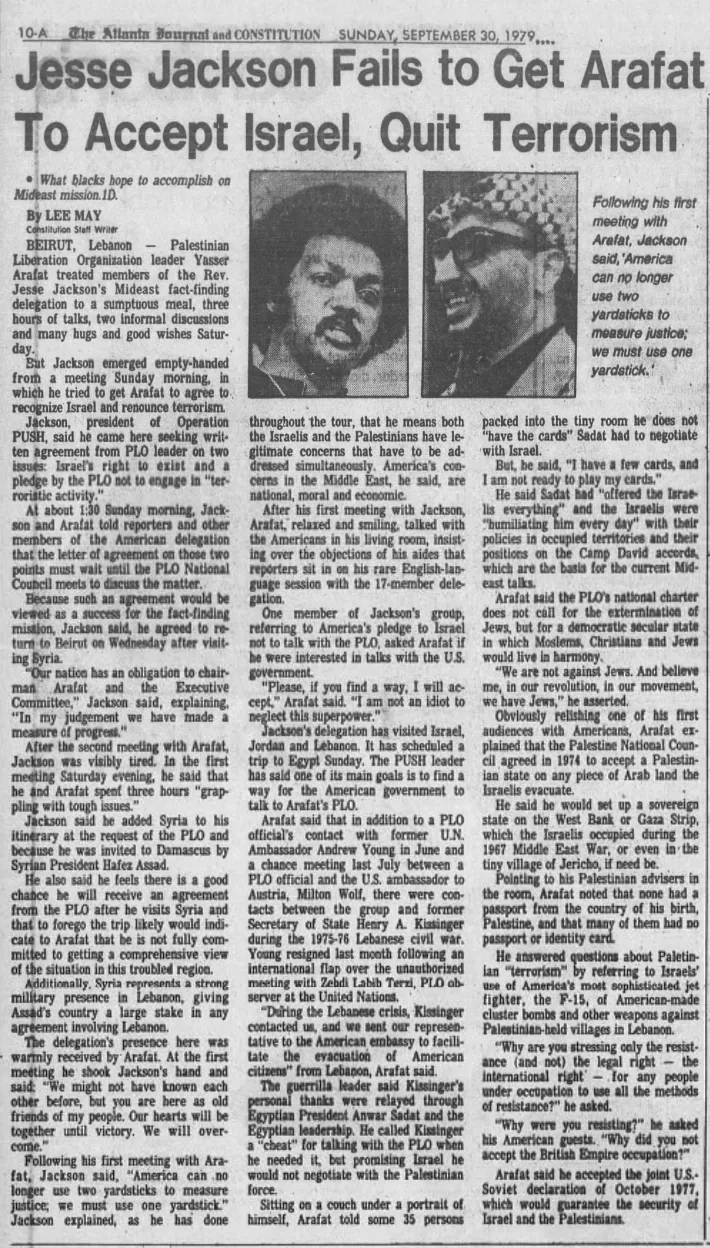Jesse Jackson Fails to Get Arafat To Accept Israel, Quit Terrorism &mdash; The Atlanta Journal and Constitution, 30 September 1979