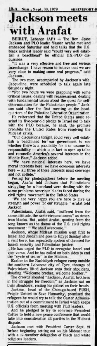 Jackson meets with Arafat &mdash; The Times, 30 September 1979