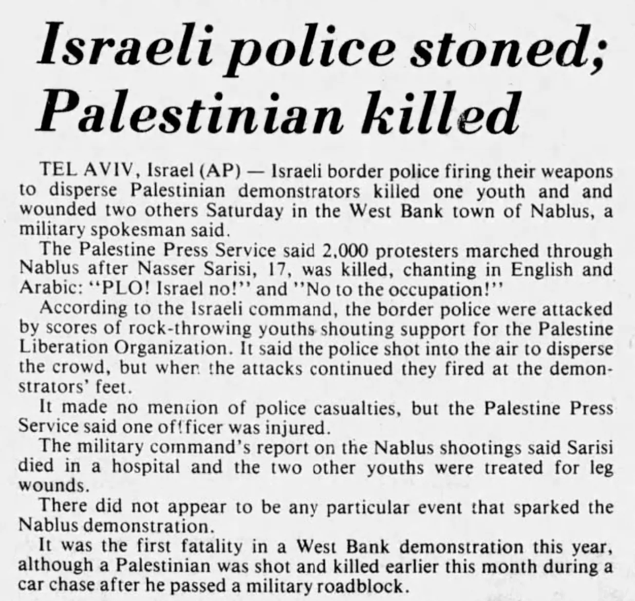 Israeli police stoned; Palestinian killed — Jackson Citizen Patriot, 29 January 1984