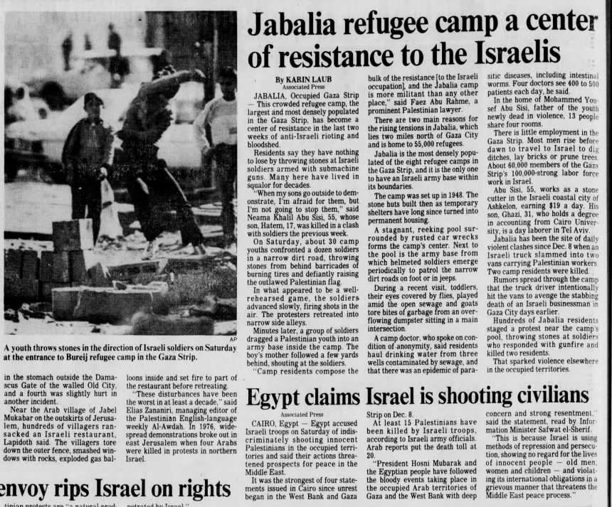 Jabalia refugee camp a center of resistance to the Israelis &mdash; Morning News, 20 December 1987