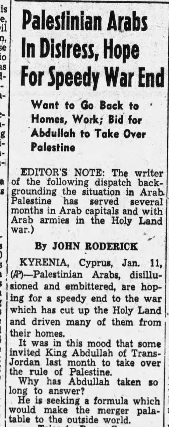 Palestinian Arabs In Distress, Hope For Speedy War End — Ada Evening News, 11 January 1949